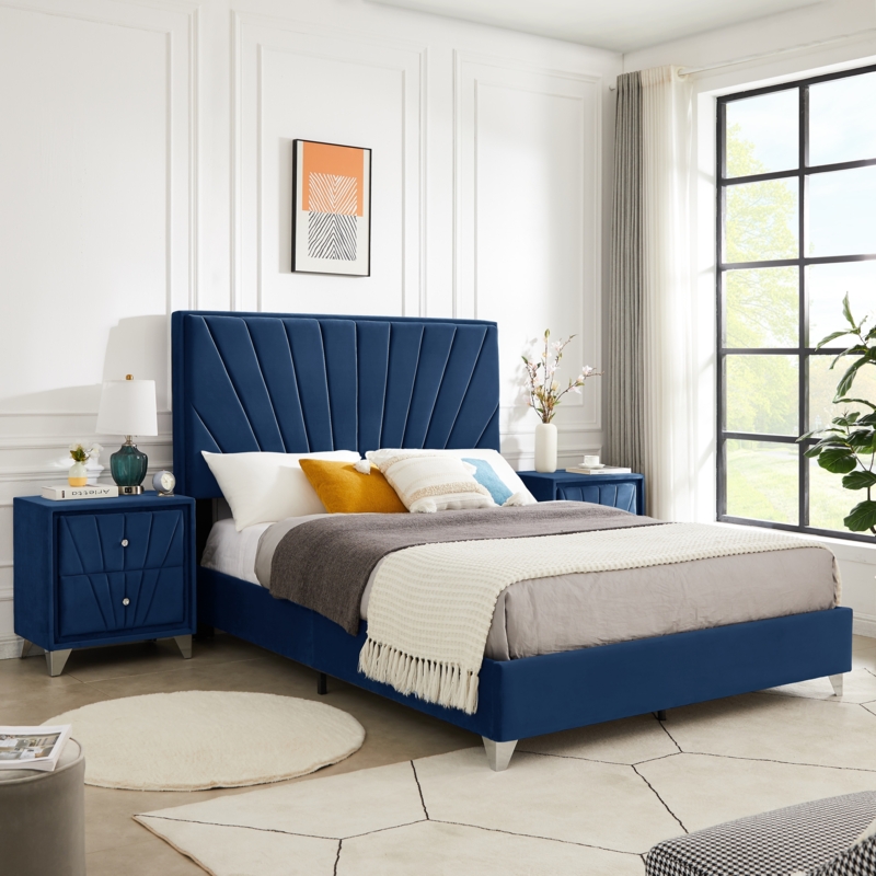 Transitional Blue Velvet Platform Bed with Slat Support