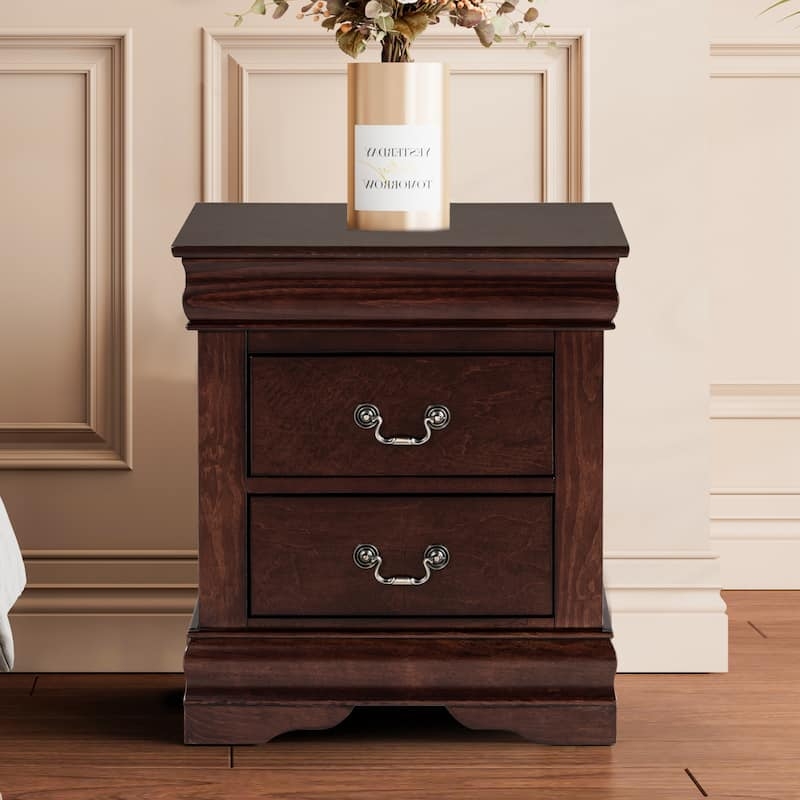 Transitional Brown Nightstand with Two Drawers and Silver Hardware