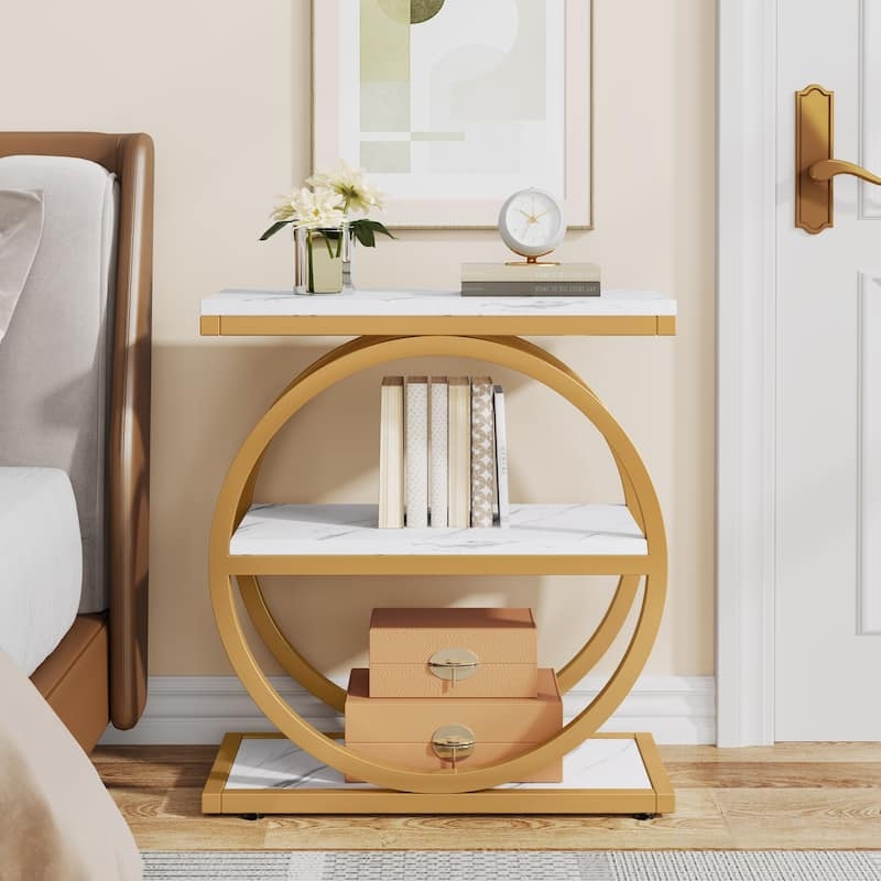 Transitional Dark Wood End Table with Narrow Silhouette and Three Tiers
