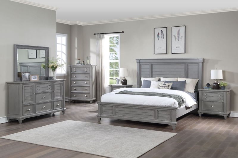 Transitional Grey Nightstand with Wide Horizontal Bar Pulls and Tapered Feet