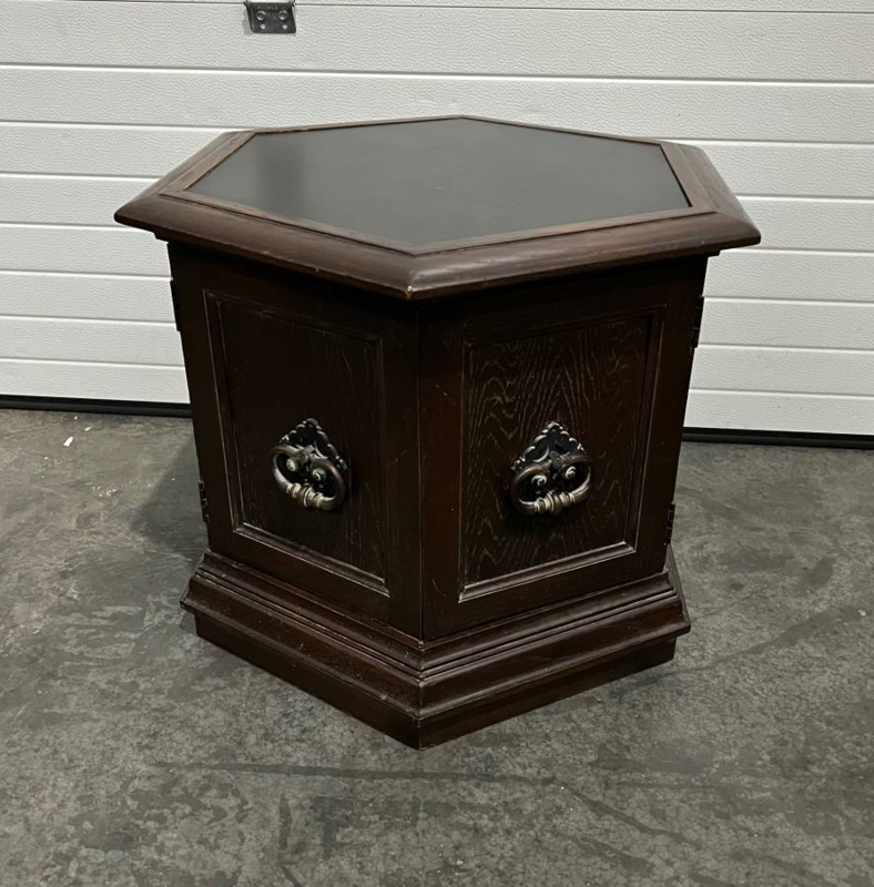 Transitional Hexagonal End Table with Warm Wood Base and Black Top