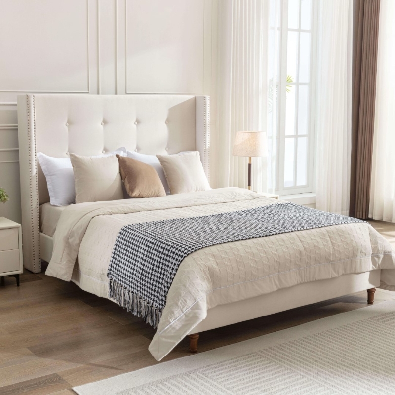 Transitional Ivory Wingback Bed with Nailhead Trim