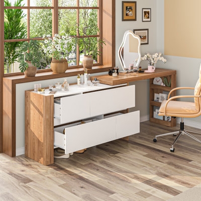 Transitional Light Wood Vanity with Gold Ring Pulls