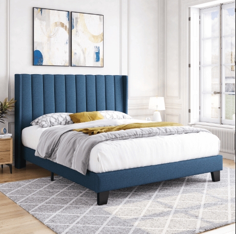 Transitional Navy Blue Wingback Platform Bed with Slatted Base
