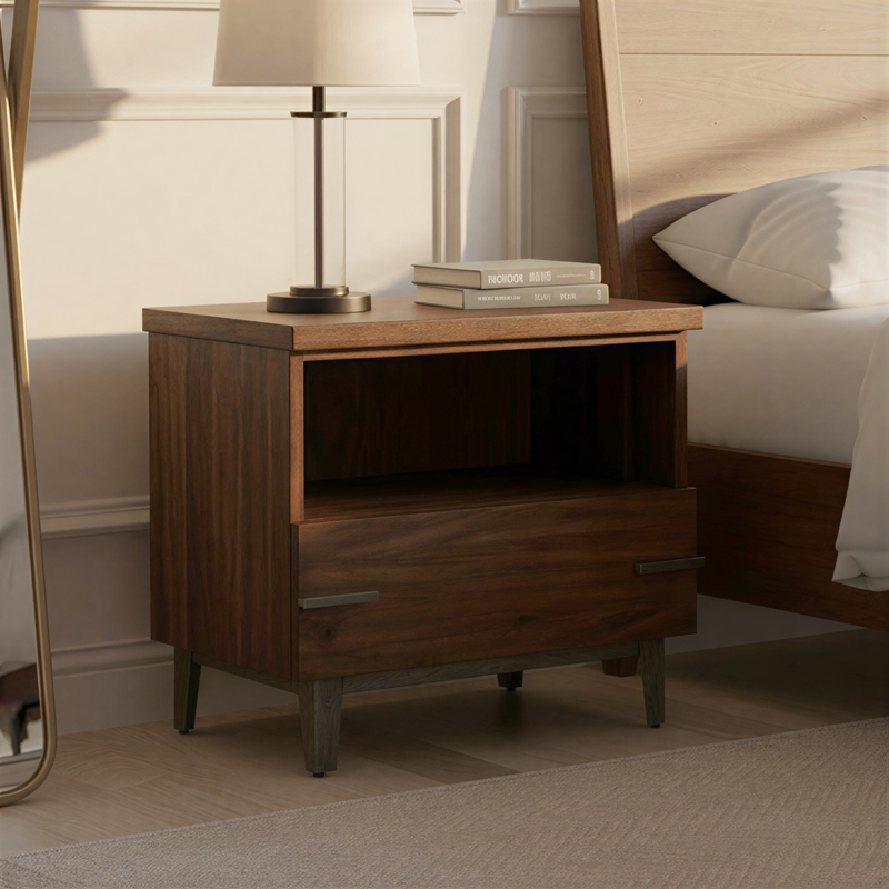 Transitional Nightstand with Geometric Side Panels and Shelf