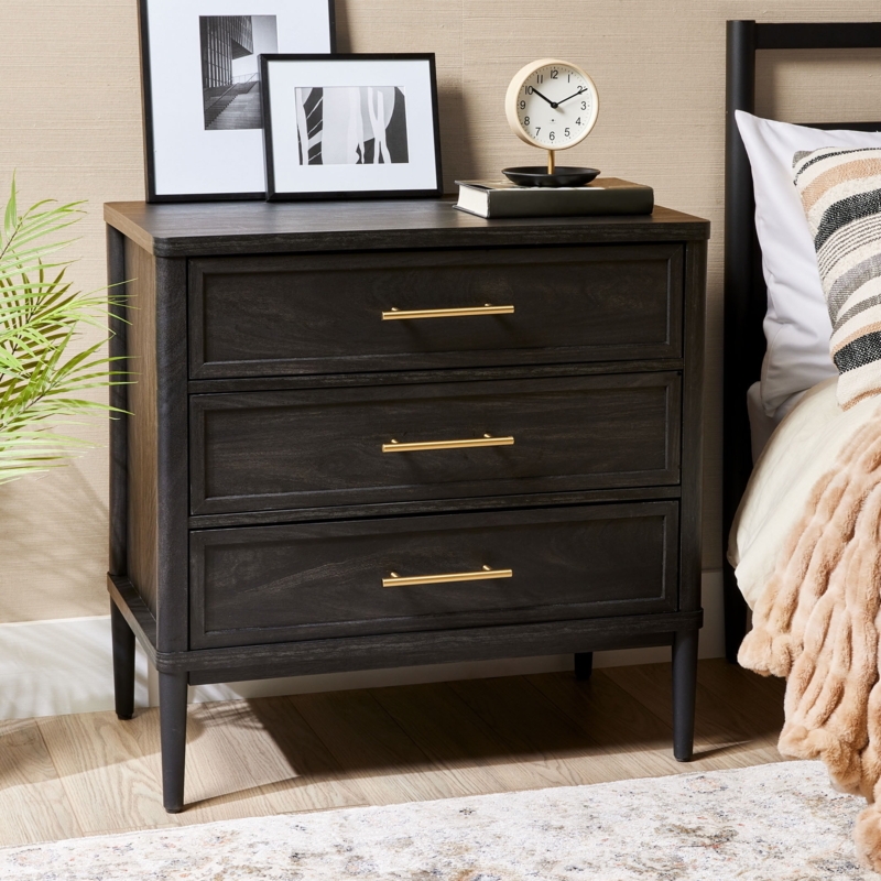 Transitional Nightstand with Tapered Wood Legs, Charcoal Finish