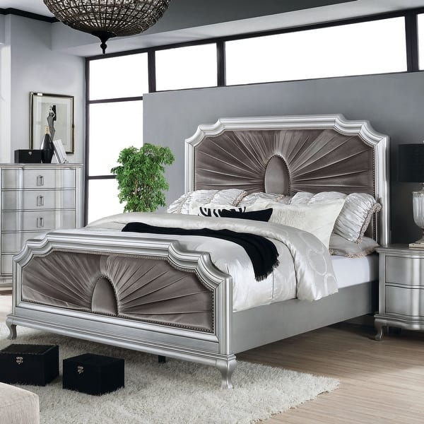 Transitional Panel Bed with Mirrored Trim Inlays and Tall Headboard