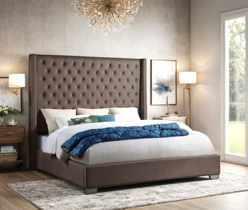 Transitional Platform Bed Mocha Upholstery Diamond Tufting