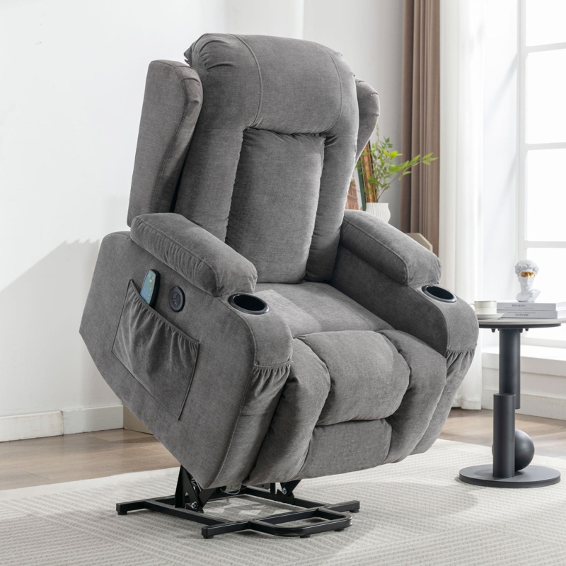 Transitional Power Lift Recliner Chair in Cream Woven Upholstery