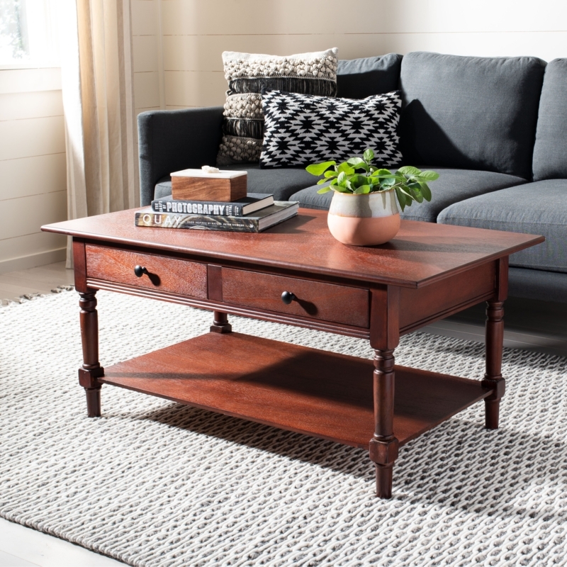 Transitional Rectangular Coffee Table with Two Drawers and Brass Hardware