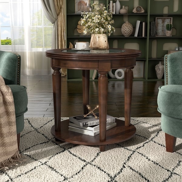 Transitional Round Cherry End Table Open Shelf Tapered Legs