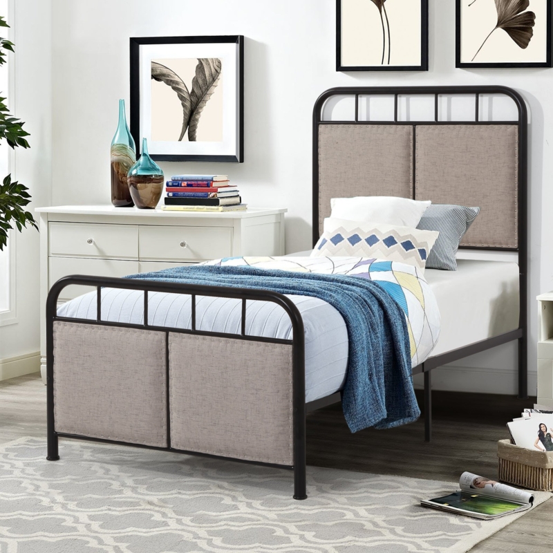 Transitional Twin Platform Bed with Beige Linen-like Headboard