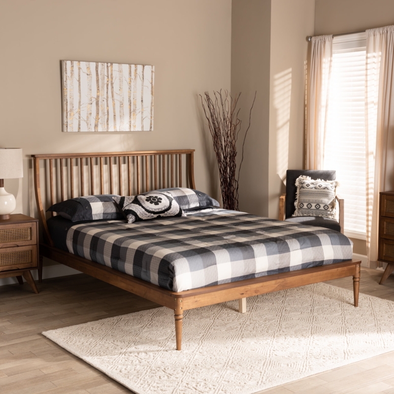 Transitional Walnut Brown Platform Bed with Spindle Headboard