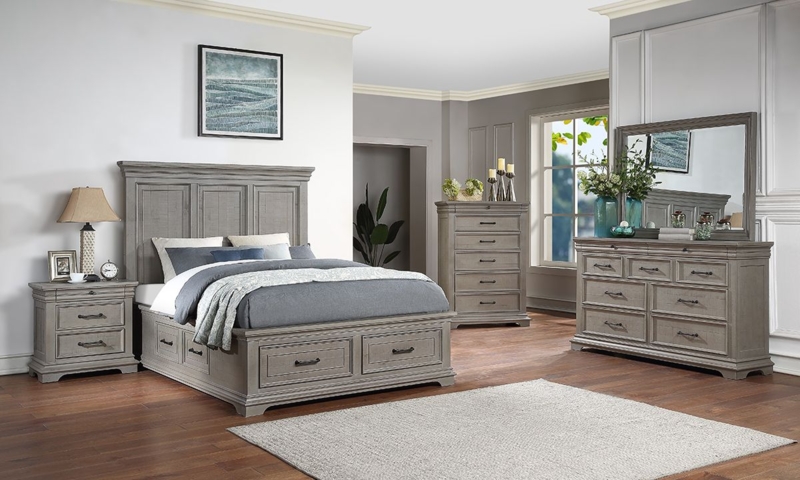 Transitional Weathered Grey Bedroom Set with Integrated Storage