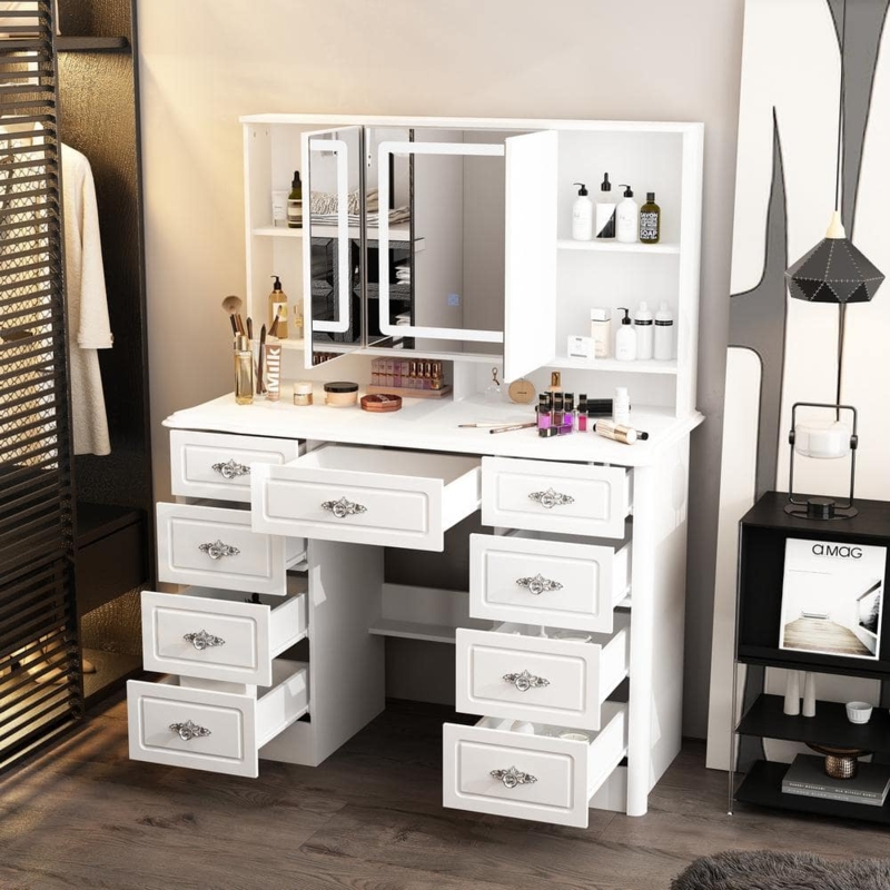 Tri-Fold Mirror Vanity with Carved Metal Handles and LED