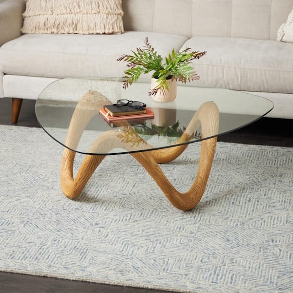 Triangular Coffee Table Wavy Base Glass Top Abstract Silhouette