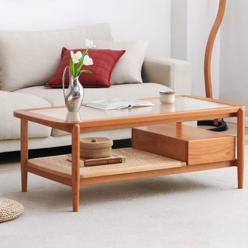 Triangular Coffee Table with Glass Top and Woven Rattan Shelf