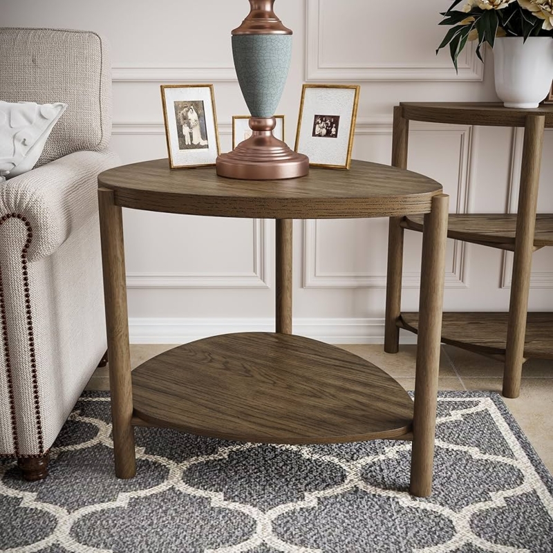 Triangular End Table with Two-Tier Storage and Tapered Legs