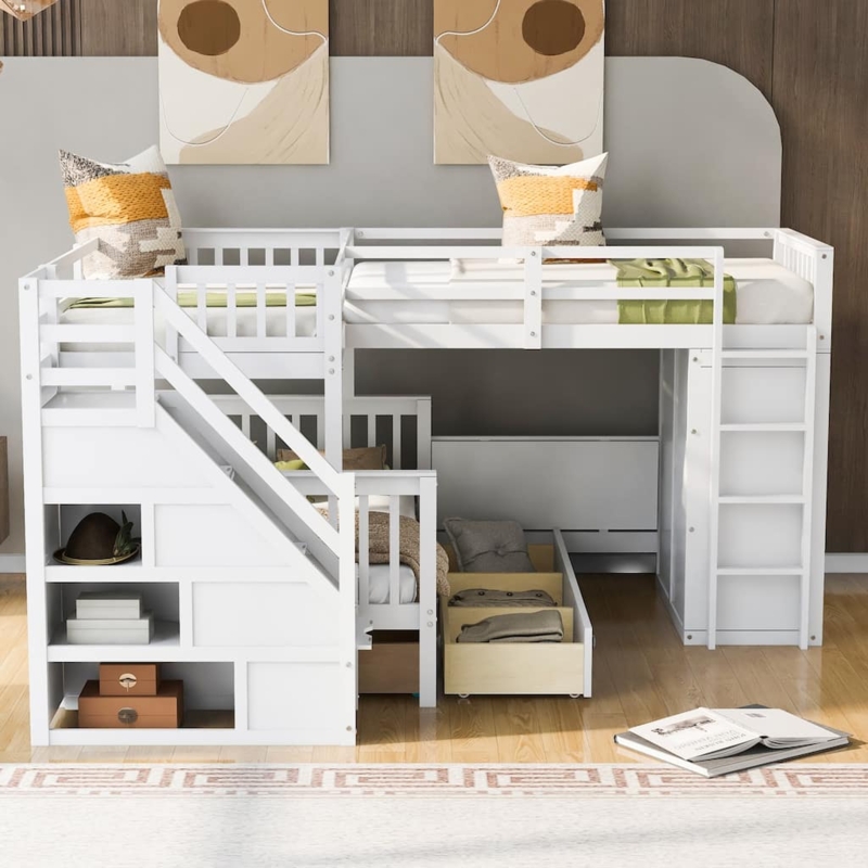 Triple Bunk Bed with Triple Tier and L-Shaped Footprint, White