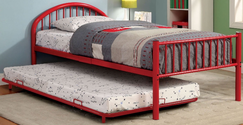 Trundle Bed Vibrant Red Finish Metal Slatted Frame Space Saving Design