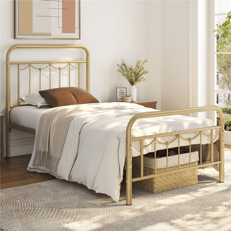 Twin Bed Antique Gold Metal Spindle Design Traditional Vintage Style