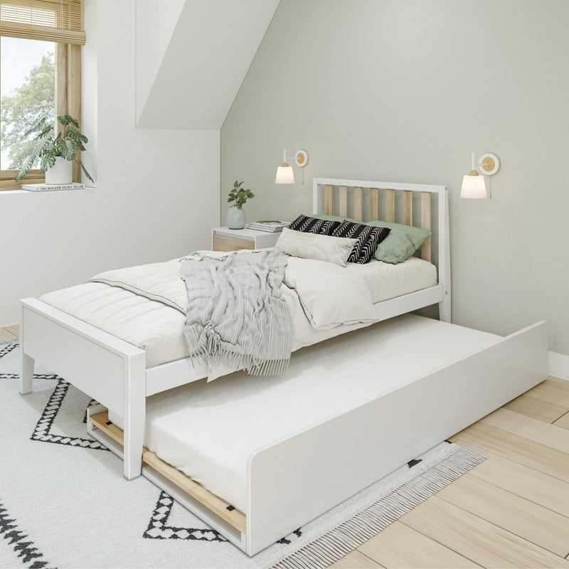 Twin Bed Pull-out Trundle, Blonde Wood Finish. Scandinavian Twin Bed Idea.
