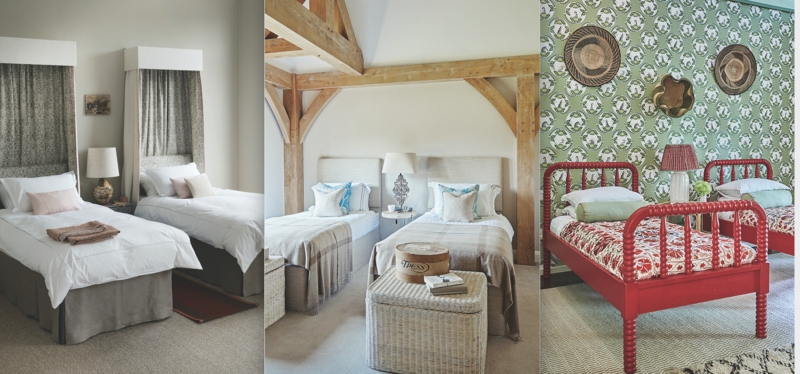 Twin Beds with Arched Rattan Headboards for Coastal Bohemian Guest Room.
