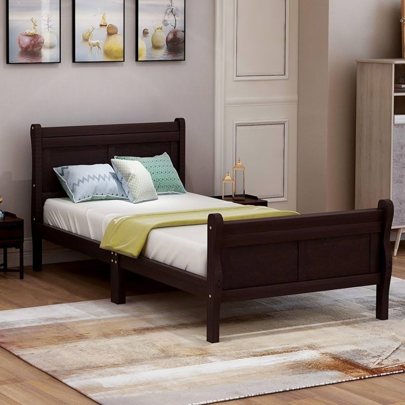 Twin Platform Bed Frame featuring Slatted Headboard and Footboard