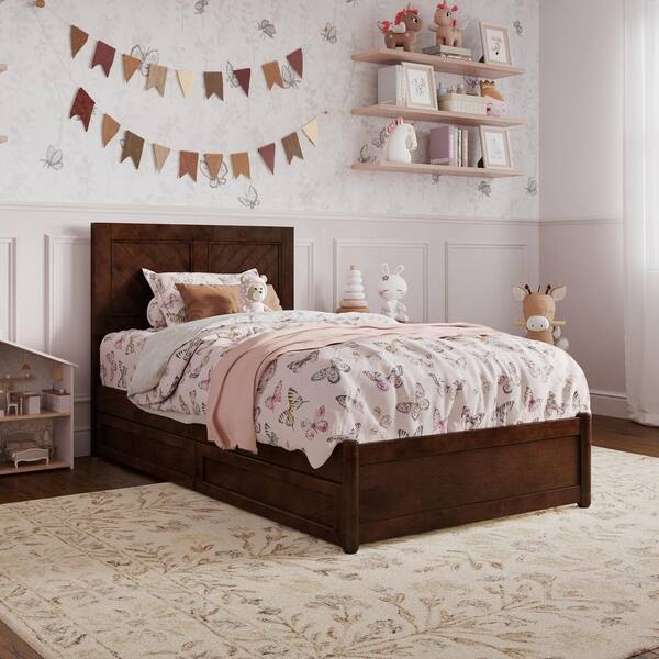Twin Platform Bed Walnut Brown Slatted Headboard Underbed Storage