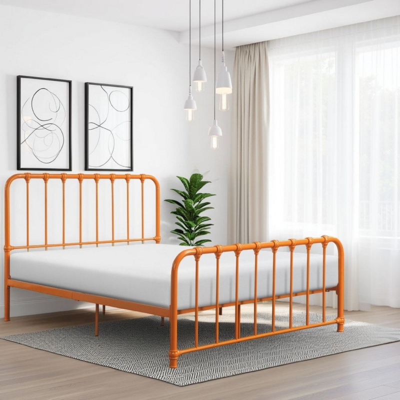 Twin Size Bed Orange Metal Spindle Headboard & Footboard Retro Style