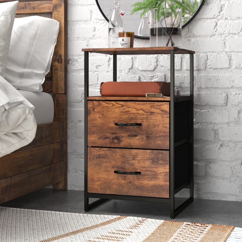 Two-Drawer Industrial Nightstand with Cup Pull Handles and Open Shelf
