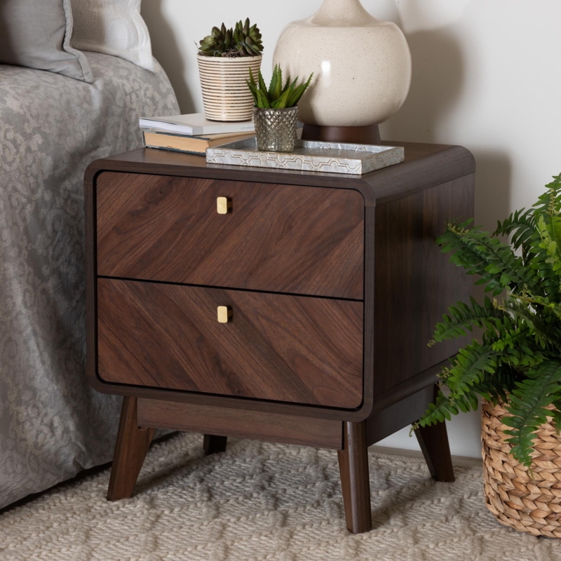 Two-Drawer Nightstand in Walnut Finish with Open Cubby Shelf