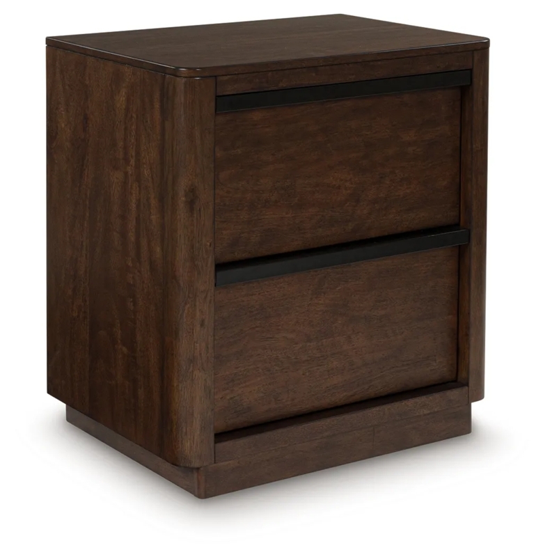 Two Drawer Nightstand Silver Bar Pulls Block Feet