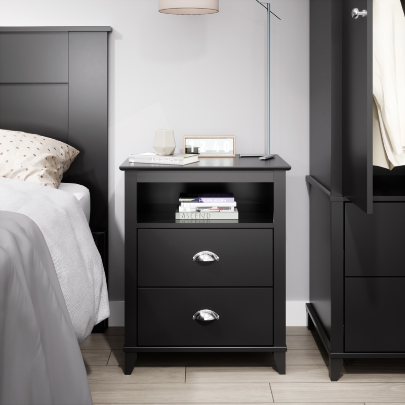 Two-Drawer Nightstand with Open Cubby and Silver Hardware