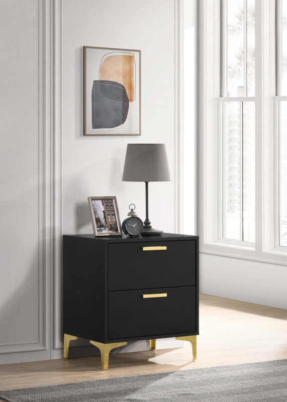 Two-Drawer Nightstand with Ring Pulls and Leg Caps, Glam Style