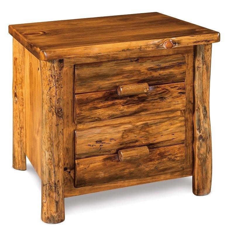 Two-Drawer Pine Log Nightstand with Natural Wooden Knobs.