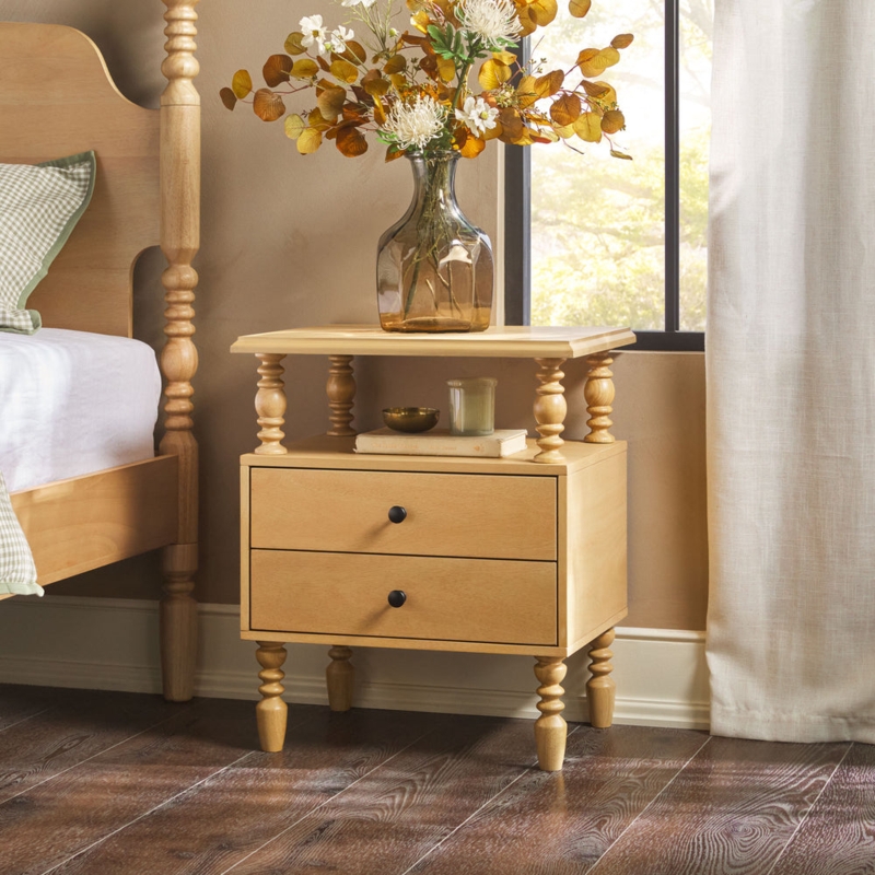 Two-Drawer Spindle Nightstand in Natural Wood with Integrated Pulls