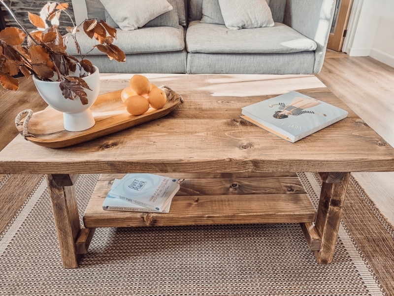 Two Tier Coffee Table Warm Wood Stain Full Lower Shelf Cottage Style