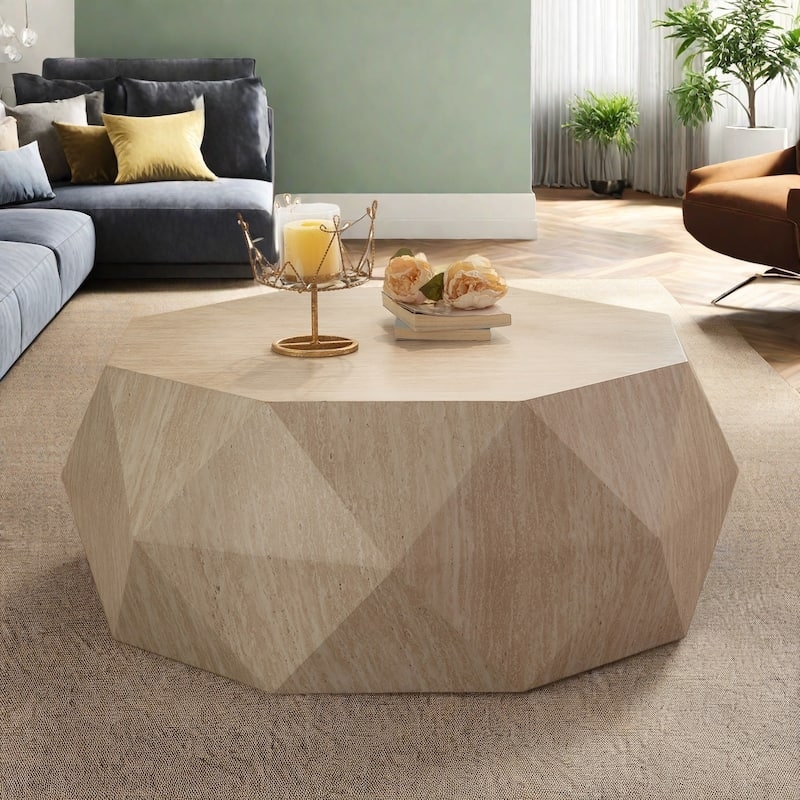 Two Tier Coffee Table, White Rounded Top and Slatted Wood Lower Shelf