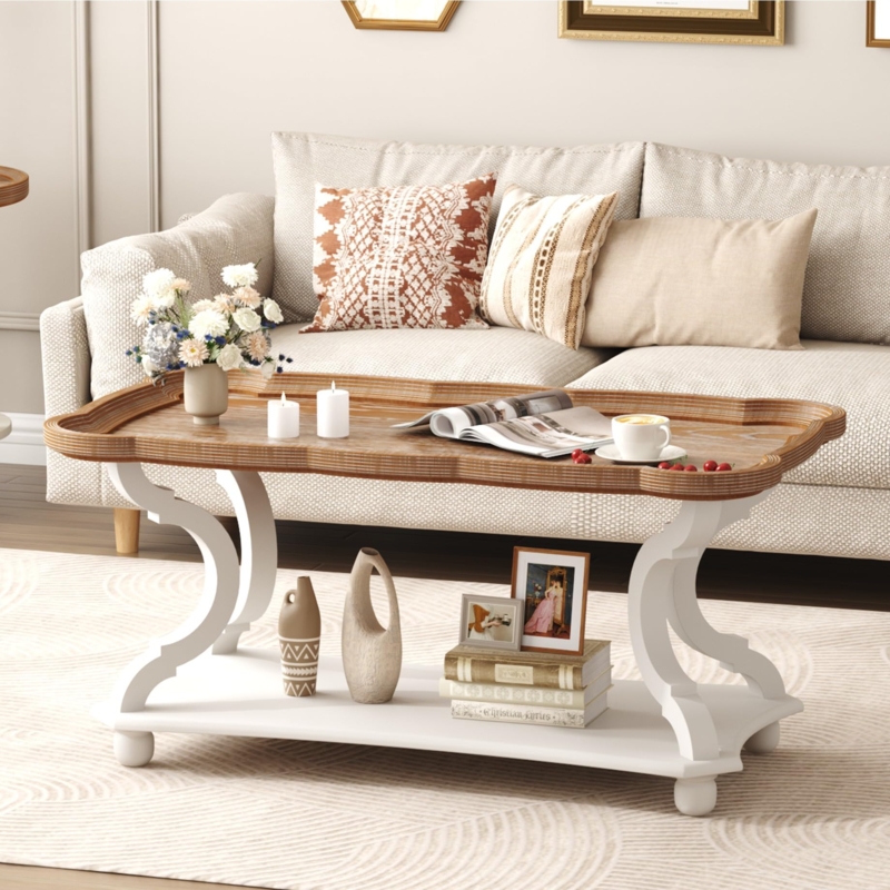 Two-Tier Coffee Table with Tray Top, Curved Legs, Vintage White & Wood. Farmhouse living.