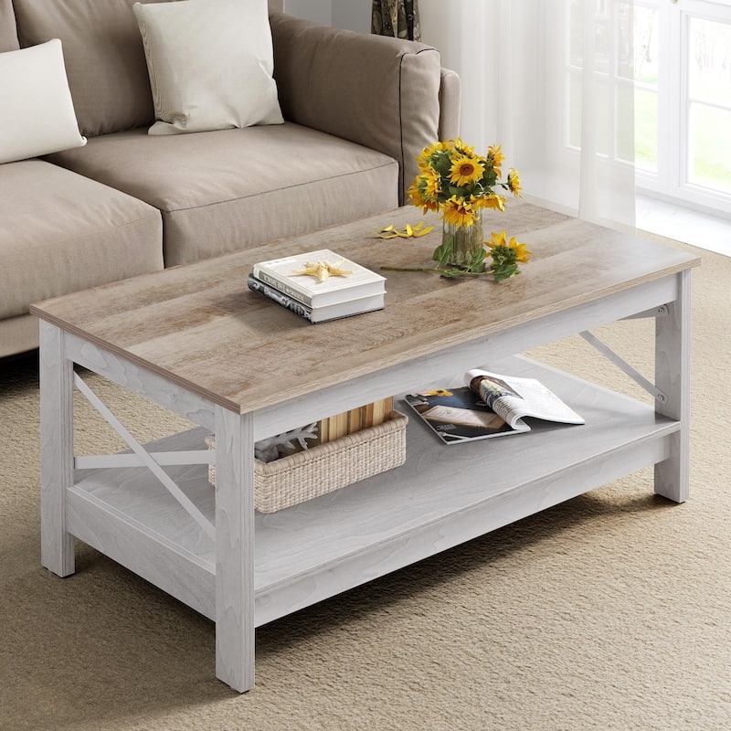 Two-Tier Coffee Table with X-Brace Sides in Light Wood and White