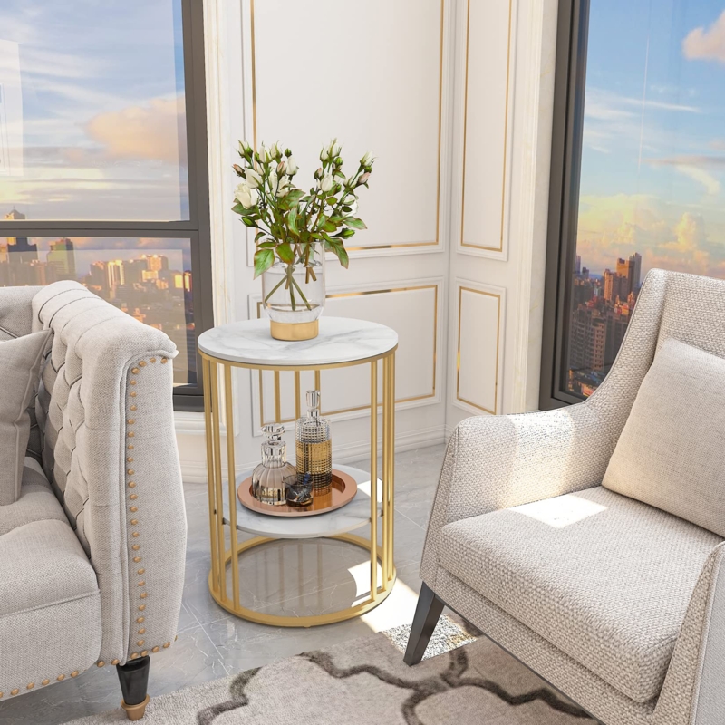 Two-Tier End Table Round Gold Frame Modern Glam Styling