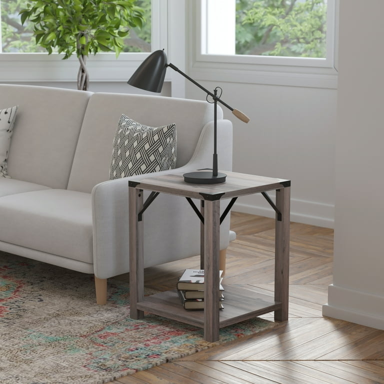 Two-Tier End Table X-Frame Bracing Gray Wash Black Metal Accents Square