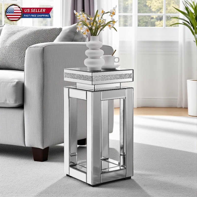 Two-Tier Mirrored End Table with Lower Shelf Storage Glam