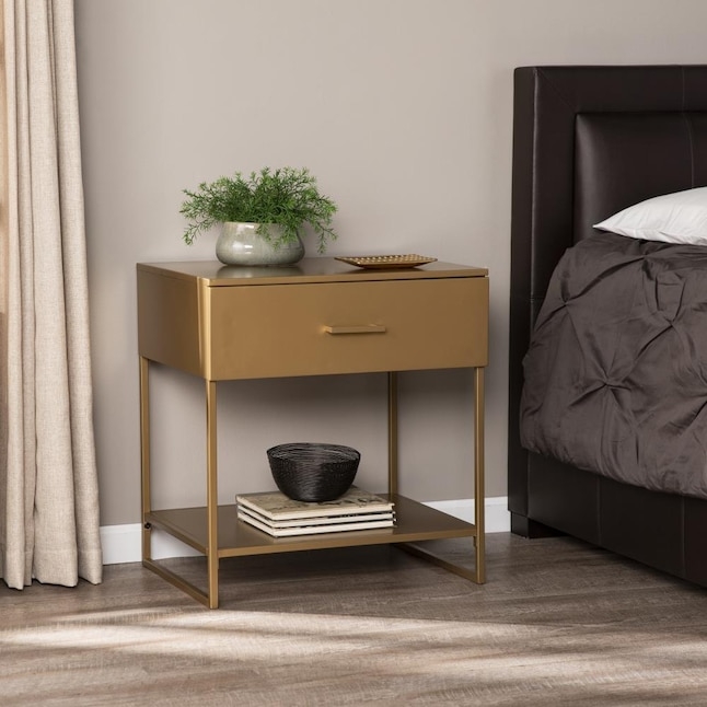 Two-Tier Nightstand with Gold Metal Frame and Glass Shelves
