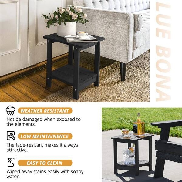 Two-Tier Outdoor Side Table Black Matte Slatted Top Design