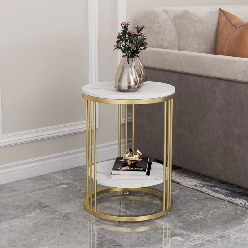 Two-Tier Round Side Table with White Marble Tops and Polished Gold Frame