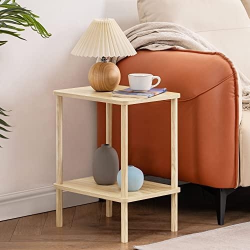 Two Tier Side Table Wood Tray Top Fabric Storage Basket Black Frame
