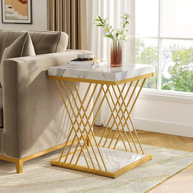 Two-Tier Square End Table, White Faux Marble Tops and Gold Geometric Frame