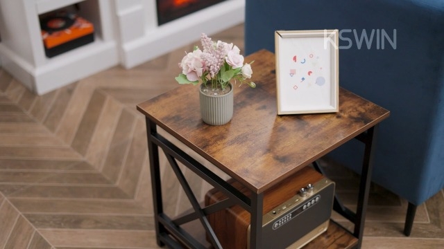 Two-Tier Storage Accent Table X-Design Metal Frame Rustic Brown